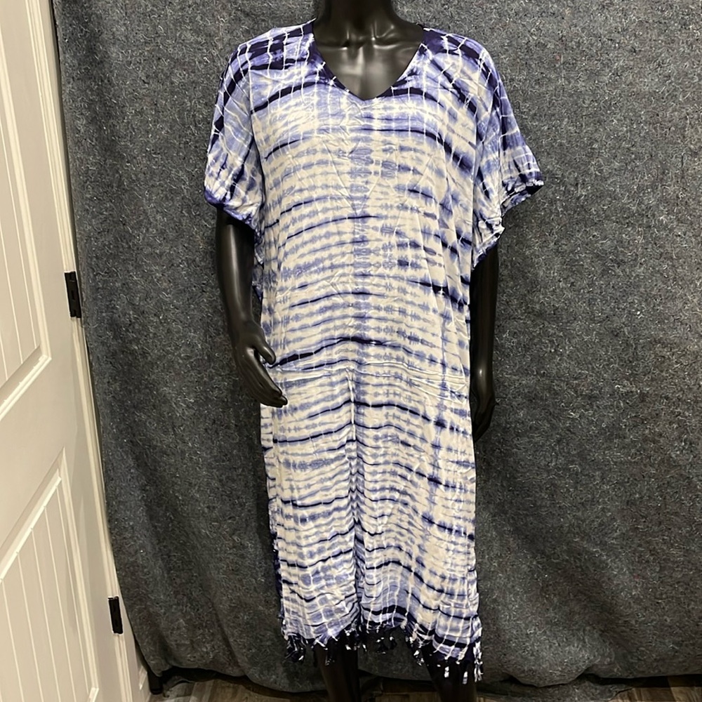NEW BeautyBatik WOMENS L-XXL Blue/White Tie Dye Cute Long Maxi Dress Loungewear
